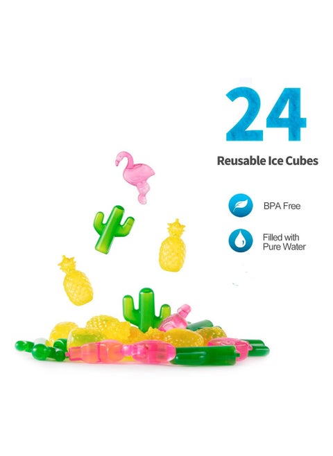 24 ice cubes made from eco-friendly materials, safe and non-toxic. They are shaped like flamingos, cacti, and pineapples, and can be reused instead of being thrown away.