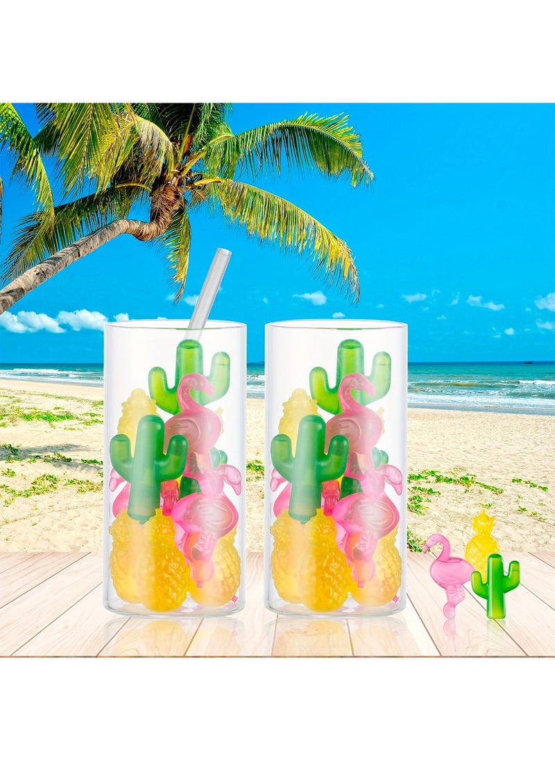 24 ice cubes made from eco-friendly materials, safe and non-toxic. They are shaped like flamingos, cacti, and pineapples, and can be reused instead of being thrown away.