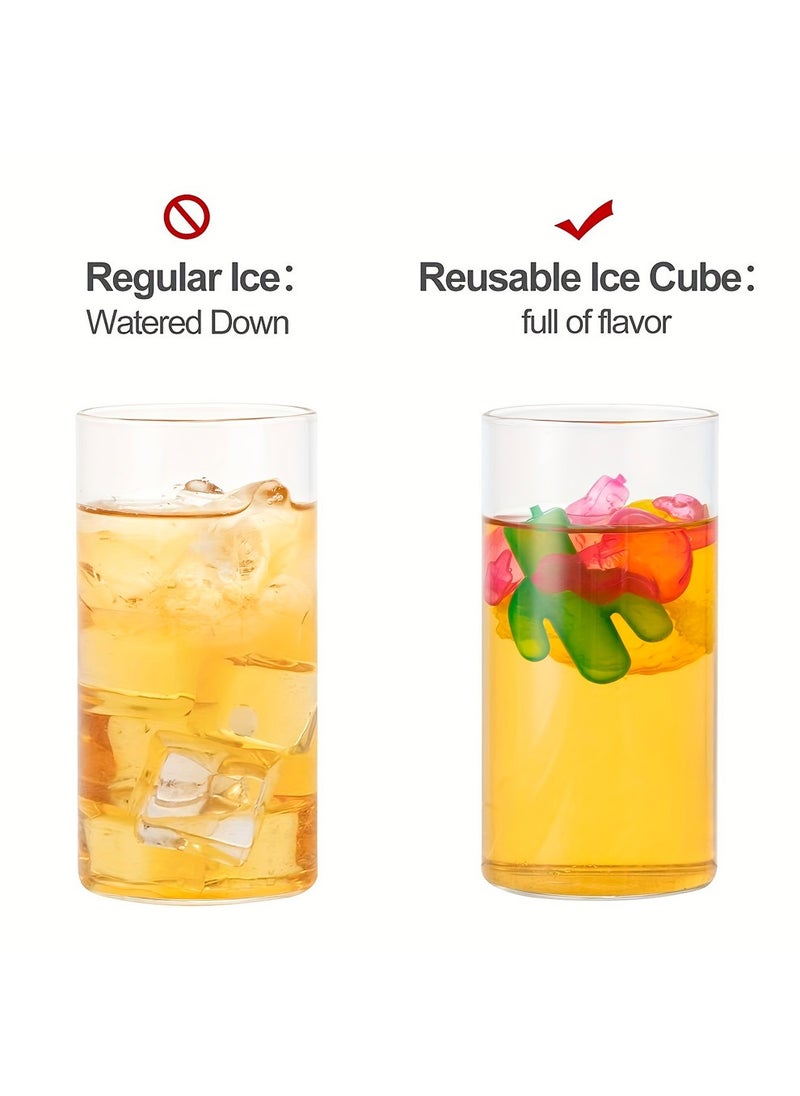 24 ice cubes made from eco-friendly materials, safe and non-toxic. They are shaped like flamingos, cacti, and pineapples, and can be reused instead of being thrown away.