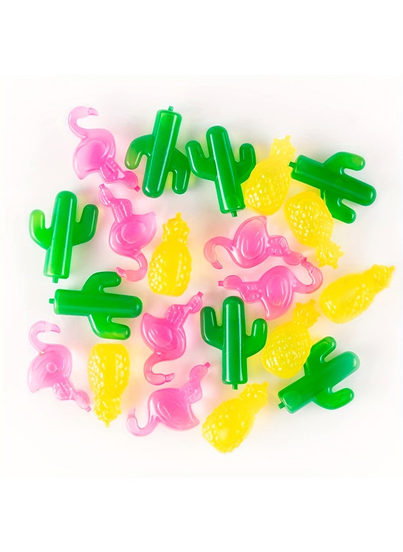 24 ice cubes made from eco-friendly materials, safe and non-toxic. They are shaped like flamingos, cacti, and pineapples, and can be reused instead of being thrown away.