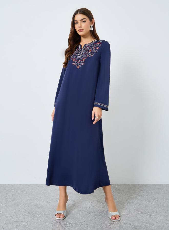 Take Two Embroidered Notch Neck Long Sleeve Jalabiya - Image 1