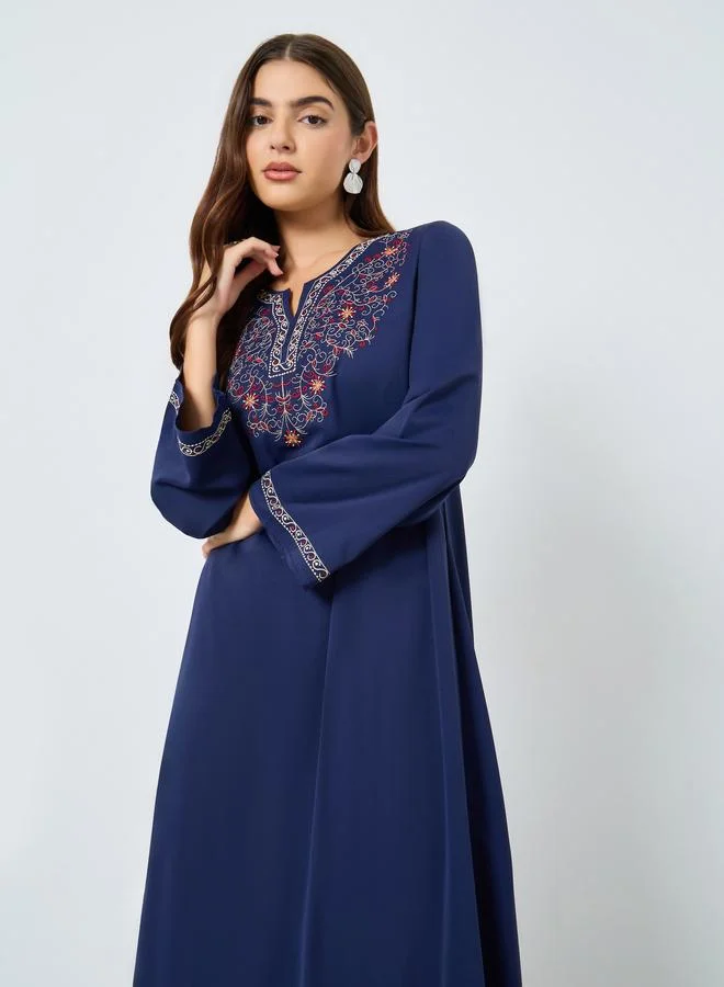 Take Two Embroidered Notch Neck Long Sleeve Jalabiya
