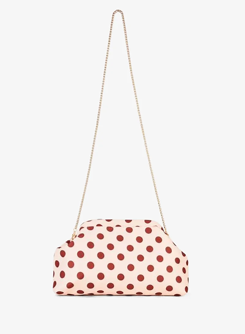 Women's River Cream-Table Polka Dot Lined Burs Closure Removable Chain Strap Hand, Wrist, and Shoulder Bag.