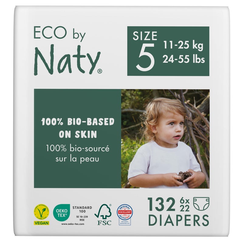 Eco by Naty EcoFriendly Baby Diapers 100 PlantBased Materials on Skin Soft for Sensitive Skin Super Absorbent Size 5 132 Count