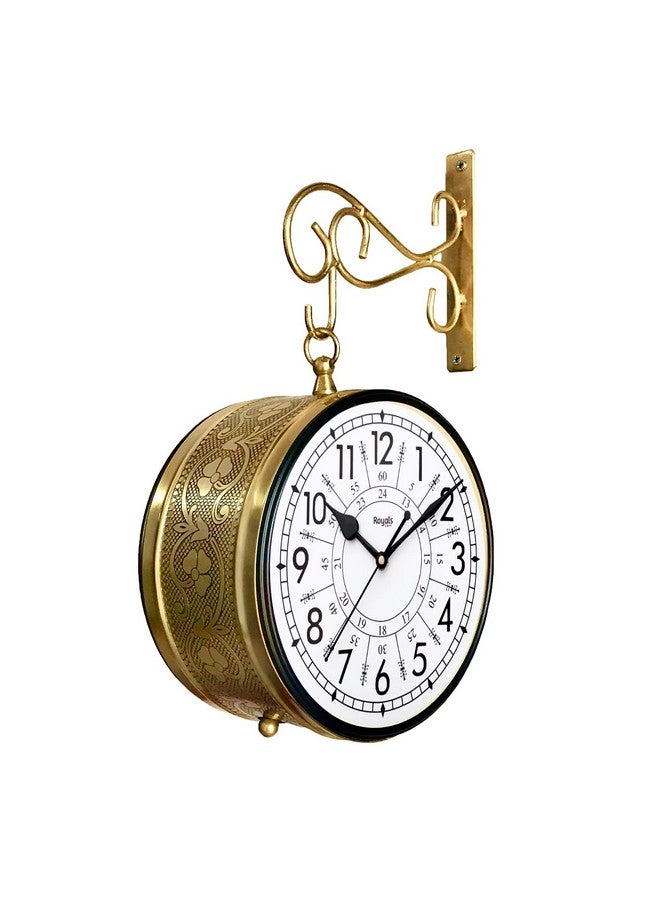 RoyalsCart Double Sided Metal Vintage Station Analog Hanging Wall Clock for Home and Living Room with Antique Golden and 24 Hours Dials on Both Sides [KTWCGN8] - Image 1