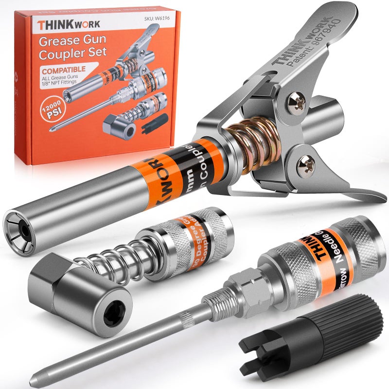 THINKWORK Grease Gun Coupler Set Double Handle Extra Reach Strong Lock on Greases Gun Couplers with 90Grease Coupler Adaptor 12000 PSI Compatible with All Grease Guns 18 NPT Grease Gun Fitting