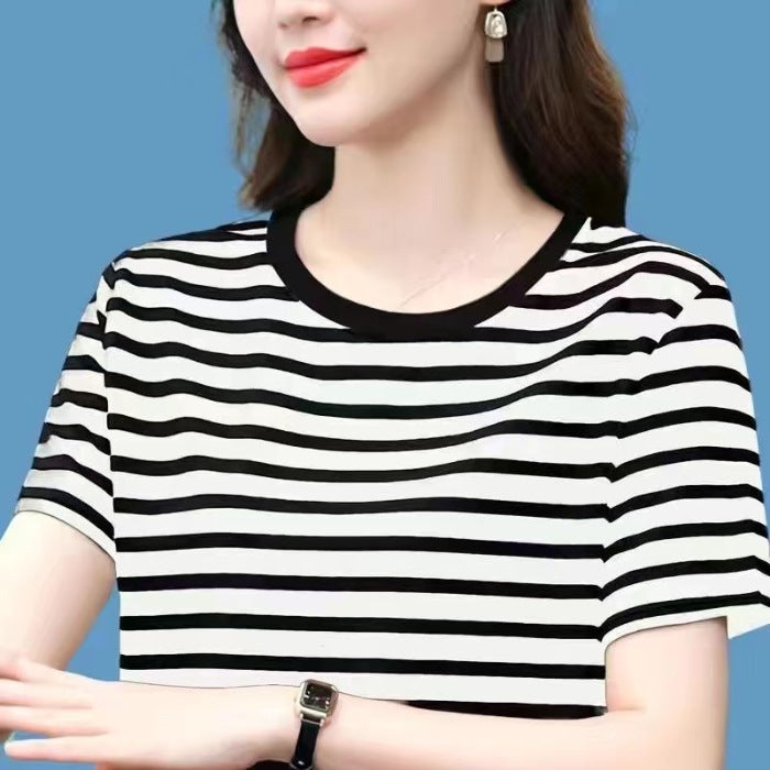 Cross-border Summer New Women's T-shirt Short-sleeved Top Large Size Loose All-match Half-sleeved Striped Round Neck Mother T-shirt - Image 1