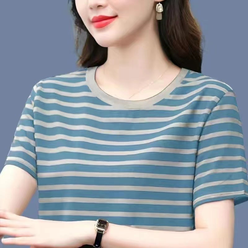 Cross-border Summer New Women's T-shirt Short-sleeved Top Large Size Loose All-match Half-sleeved Striped Round Neck Mother T-shirt - Image 3