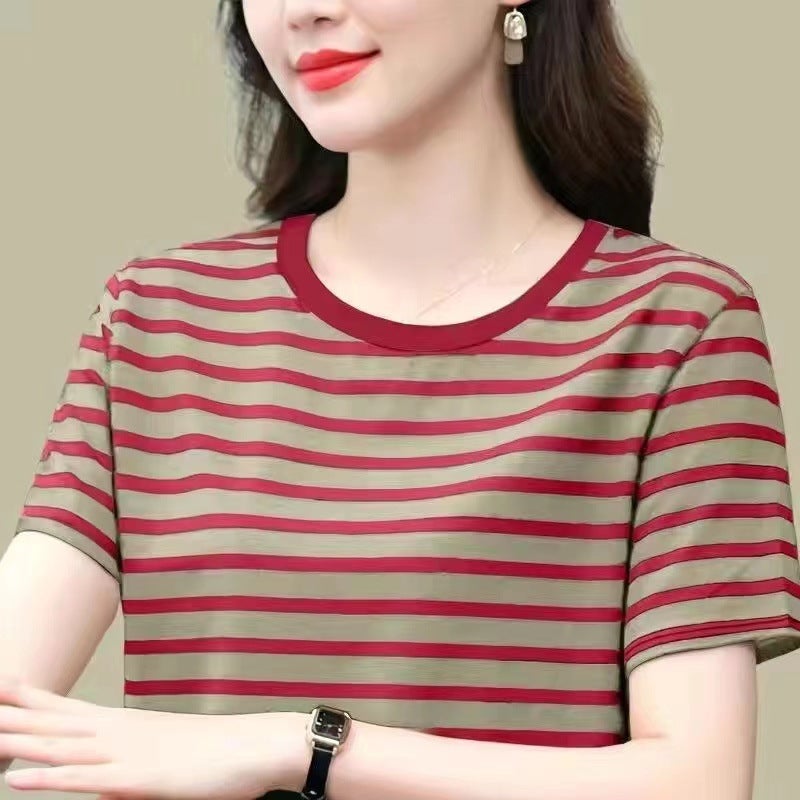 Cross-border Summer New Women's T-shirt Short-sleeved Top Large Size Loose All-match Half-sleeved Striped Round Neck Mother T-shirt - Image 2