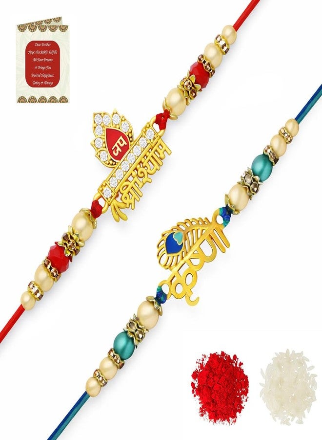 Riddhika Ventures Religious Meenakari Krishna and Jai Shri Shyam Rakhi (Set of 2) with Roli Chawal and Greeting Card (P4P5) - Image 1
