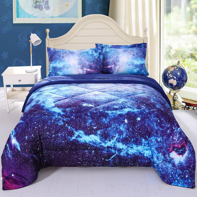 Wowelife Wowelife Galaxy Bedding Comforter Set Full 5 Pieces Blue Outer Space Kids Full Size Comforter Bed Set for Teen Boys Girls Lightweight with Comforter Flat Sheet Fitted Sheet and 2 Pillowcases Blue