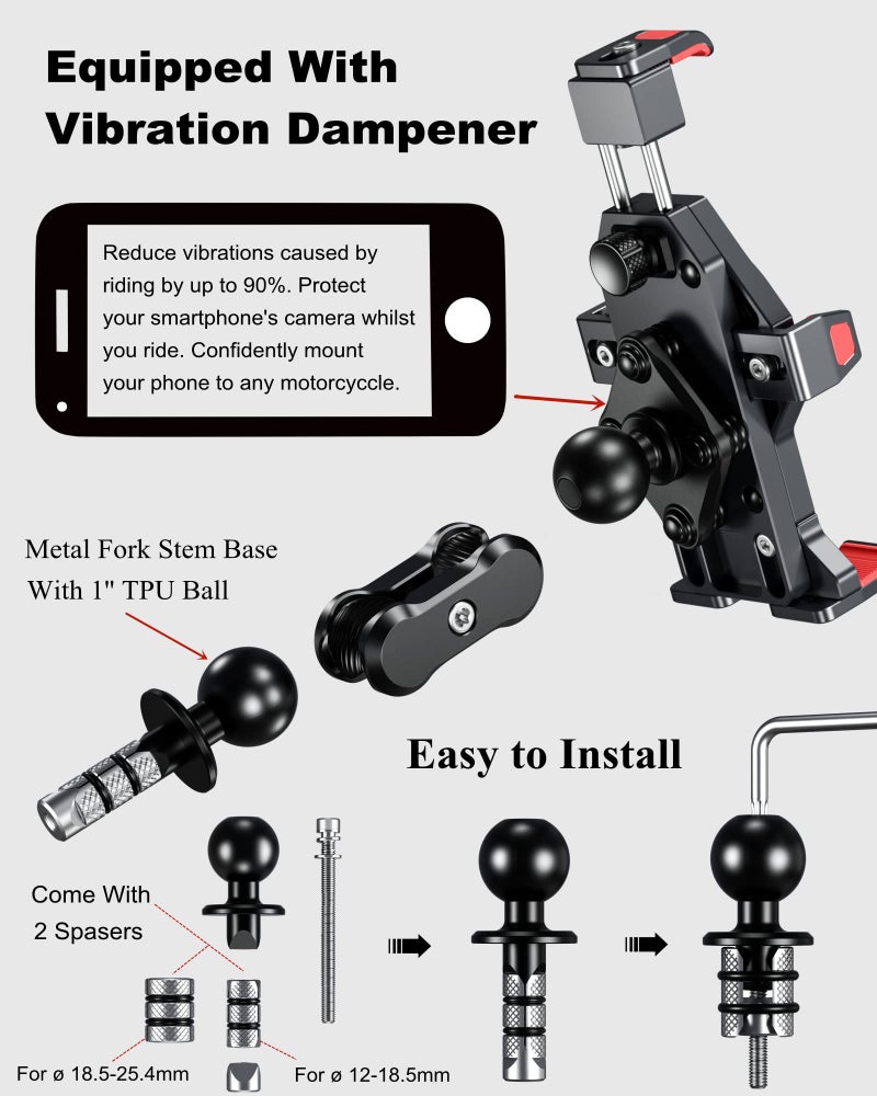 BRCOVAN Motorcycle Fork Stem Phone Mount Holder with Vibration Dampener & High-Speed Secure Lock, Anti-Theft, Aluminum Alloy, Adjustable Size, Big Phone Friendly for 4.7-7.2'' Cellphone - Image 5