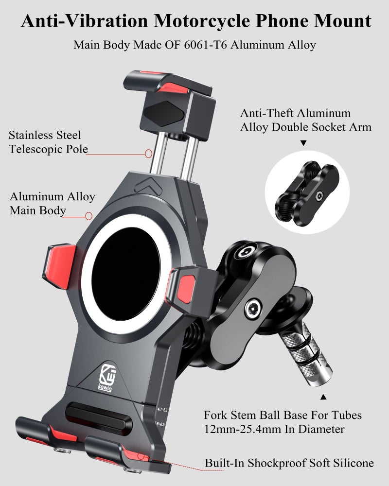 BRCOVAN Motorcycle Fork Stem Phone Mount Holder with Vibration Dampener & High-Speed Secure Lock, Anti-Theft, Aluminum Alloy, Adjustable Size, Big Phone Friendly for 4.7-7.2'' Cellphone - Image 4