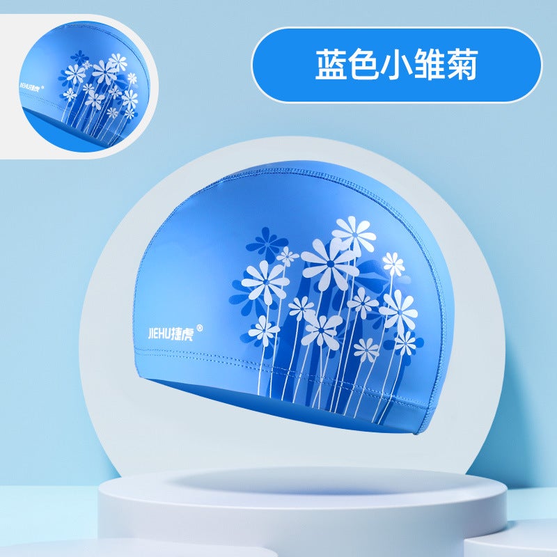 Generic Professional PU Swim Caps Coated Comfortable Waterproof Blue Daisy