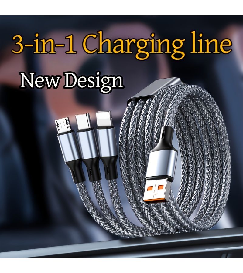 كابل شحن سريع 3 في 1، بطول 1.3 متر، مضفر بالنايلون، من النوع C ولايتنينغ ومايكرو USB. - Image 4