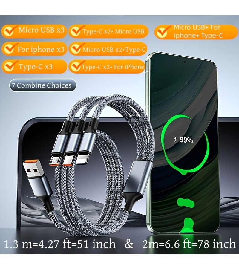 كابل شحن سريع 3 في 1، بطول 1.3 متر، مضفر بالنايلون، من النوع C ولايتنينغ ومايكرو USB. - Image 3