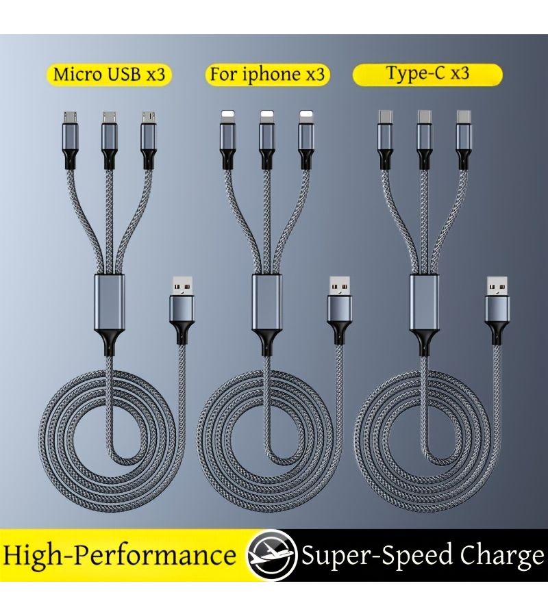 كابل شحن سريع 3 في 1، بطول 1.3 متر، مضفر بالنايلون، من النوع C ولايتنينغ ومايكرو USB. - Image 1