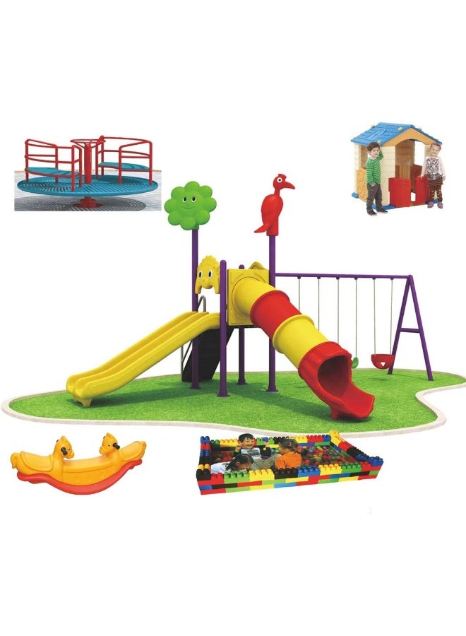 Rainbow Toys Adventure & Outdoor Playground Equipment All In One Set Slides, Swings for kids toys Offers. Play-Ground Toys Area Size 650x420x380cm. - Image 1