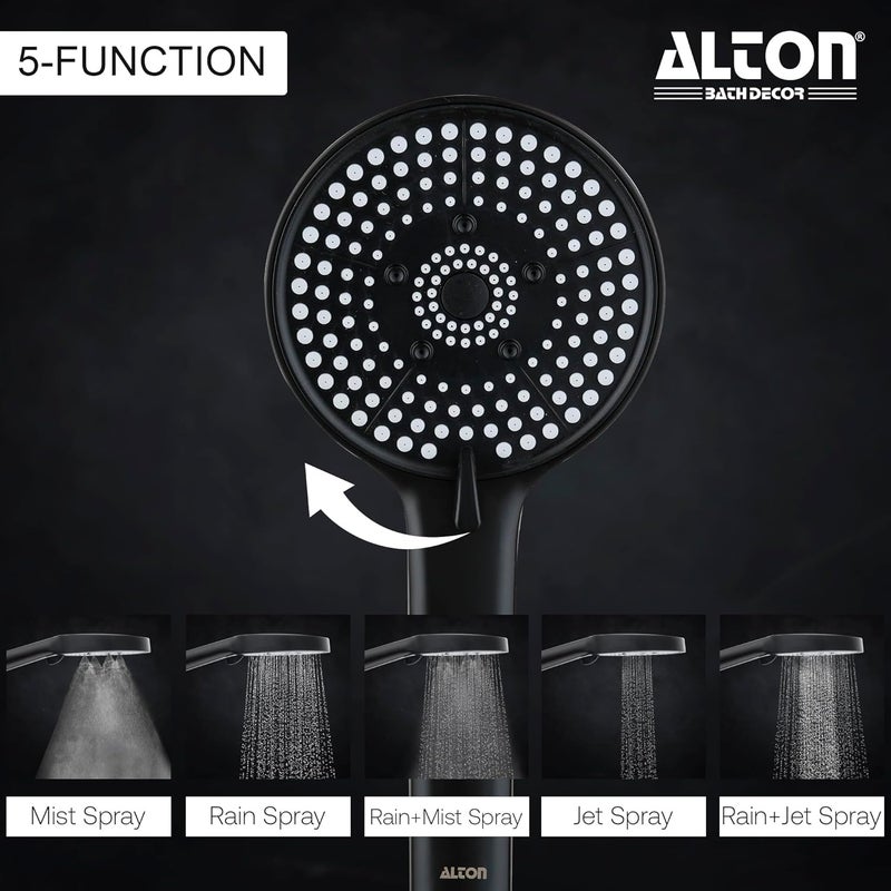 Alton ALTON SHR20765 ABS 5Function Hand Shower with 15 Meter Flexible Tube and Wall Hook Chrome Finish Full Set Black  - Image 3