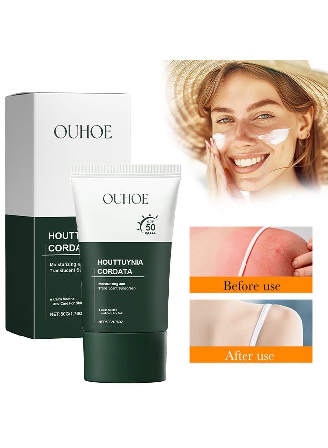 OUHOE Houttuynia Cordata Moisturizing And Translucent Sunscreen,Silky Moisture Sunscreen, Korean SPF 50+ PA++++ Clear Filter Sun Essence, Moisture Daily Sunscreen, No White Cast&Sticky, Hydrating, Moisturizing 50G - Image 1