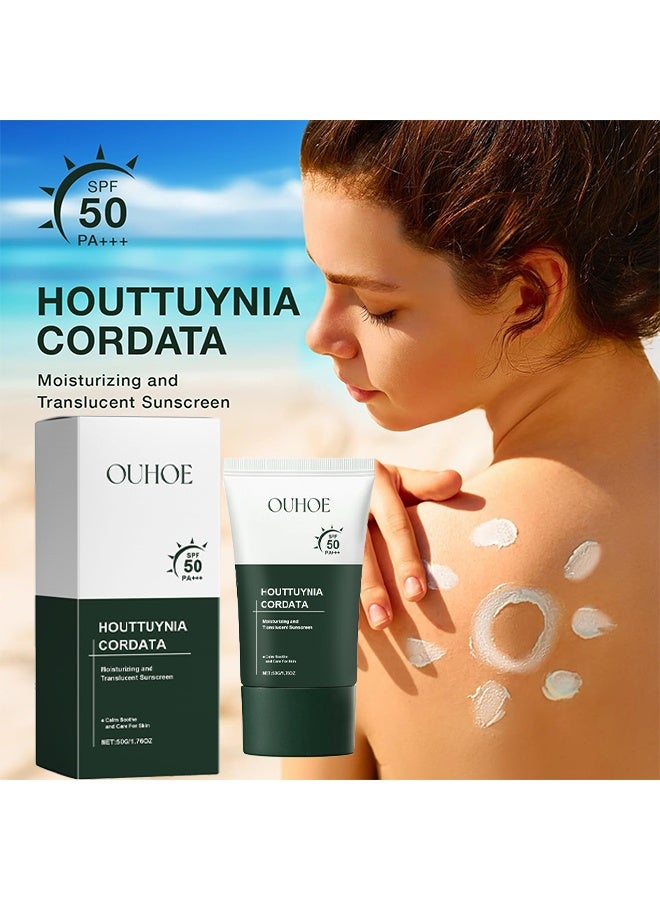 OUHOE Houttuynia Cordata Moisturizing And Translucent Sunscreen,Silky Moisture Sunscreen, Korean SPF 50+ PA++++ Clear Filter Sun Essence, Moisture Daily Sunscreen, No White Cast&Sticky, Hydrating, Moisturizing 50G - Image 2
