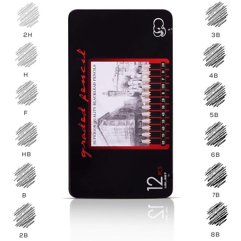 GALV GALV artist pencil for sketching drawing art with metal case b 2b 3b 4b 5b 6b 7b 8b hb h 2h f artist sketching pencil set,graphite pencils,perfect for drawing and shading(black)(12 pcs)(10x18.5 cm)  - Image 4