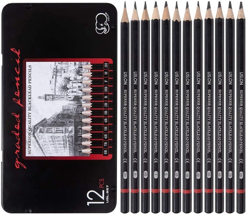 GALV GALV artist pencil for sketching drawing art with metal case b 2b 3b 4b 5b 6b 7b 8b hb h 2h f artist sketching pencil set,graphite pencils,perfect for drawing and shading(black)(12 pcs)(10x18.5 cm)  - Image 1