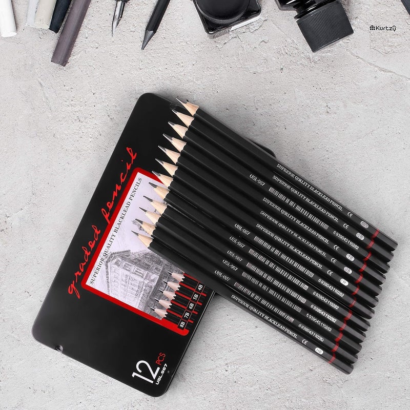 GALV GALV artist pencil for sketching drawing art with metal case b 2b 3b 4b 5b 6b 7b 8b hb h 2h f artist sketching pencil set,graphite pencils,perfect for drawing and shading(black)(12 pcs)(10x18.5 cm)  - Image 3