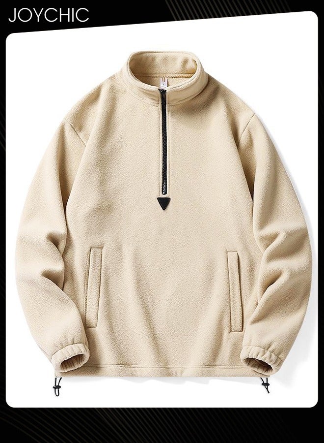 Joychic هودي كلاسيكي بلون صلب بأكمام طويلة بسحاب نصفى للخريف والشتاء دافئ للرجال باللون الكاكي - Image 4
