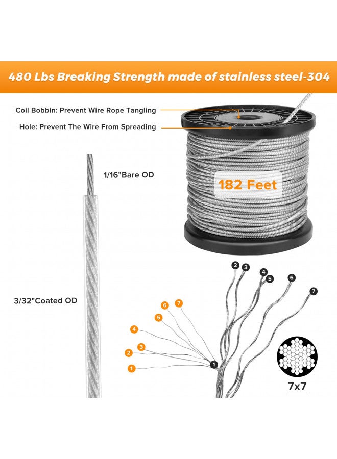 Ancectree Ancectree String Light Hanging KitGuide Wire for Outdoor String Lights,Vinyl Coated Wire Rope/Cable Outdoor Light Guide Wire,Include 182fts 304 Stainless Steel Wire Cable, Turnbuckle and Hooks  - Image 1