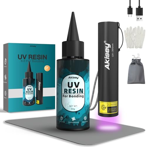 Akisey UV Resin Kit with Light, 50g UV Resin with Rechargeable 395NM UV Flashlight, Fast Curing in Seconds, UV Glue Adhesive for Bonding Jewelry, Plastic, Glass Repair, w/Mat, Gloves, Storage Bag - Image 1