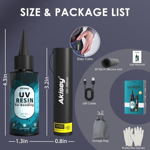 Akisey UV Resin Kit with Light, 50g UV Resin with Rechargeable 395NM UV Flashlight, Fast Curing in Seconds, UV Glue Adhesive for Bonding Jewelry, Plastic, Glass Repair, w/Mat, Gloves, Storage Bag - Image 5