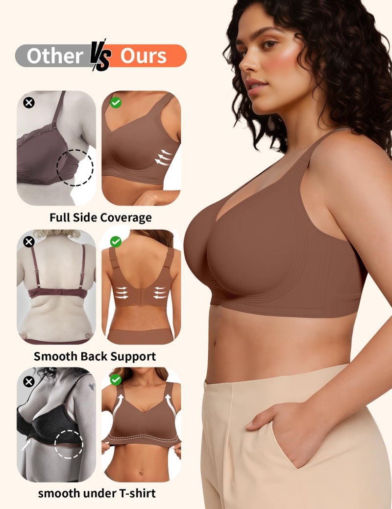 PoseFree Womens Bras No Underwire Full Support Back Fat Smoothing Bralette Wireless Push Up Plus Size Sports Bra (Coffee,XL) - Image 4