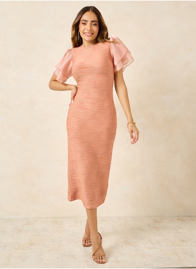 Styli - Self Design Frill Sleeves Sheath Midi Dress - Image 1