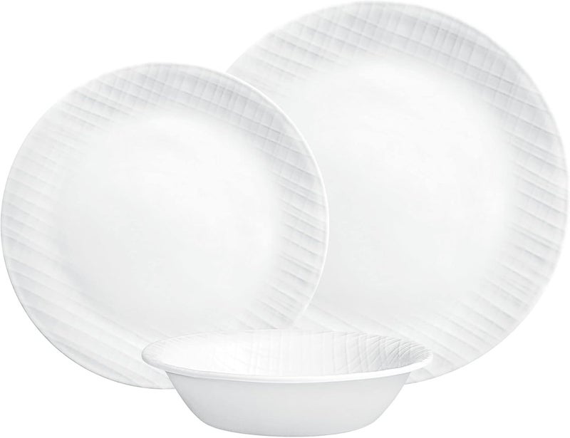 Corelle Dinnerware Set 12Piece Linen Weave Tempered Glass Dinner Plates Side Plates  Bowls 3X More Durable Half The Space  Weight of Ceramic 1146908 - Image 1