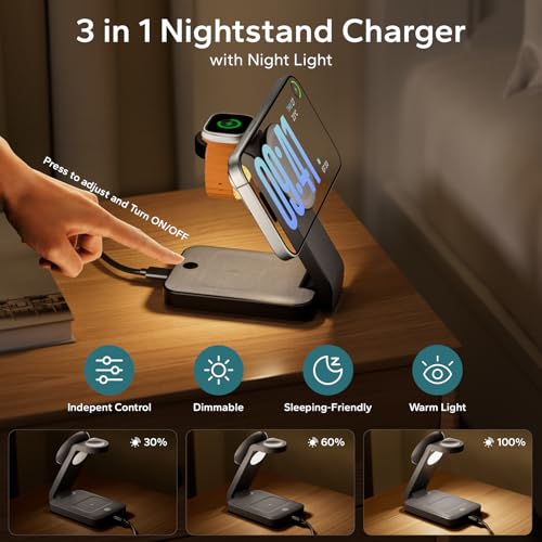Eazpower 3 in 1 Foldable Wireless Charging Station for MagSafe, Nightstand Magnetic Charger Stand for iPhone 17 16 15 14 Pro Max, Travel Charging Dock with Night Light for Apple Watch/AirPods (Black) - Image 2