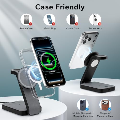 Eazpower 3 in 1 Foldable Wireless Charging Station for MagSafe, Nightstand Magnetic Charger Stand for iPhone 17 16 15 14 Pro Max, Travel Charging Dock with Night Light for Apple Watch/AirPods (Black) - Image 4
