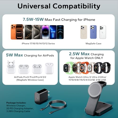 Eazpower 3 in 1 Foldable Wireless Charging Station for MagSafe, Nightstand Magnetic Charger Stand for iPhone 17 16 15 14 Pro Max, Travel Charging Dock with Night Light for Apple Watch/AirPods (Black) - Image 5