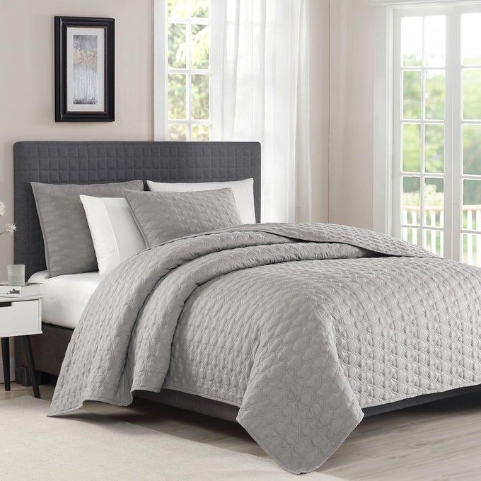 QUILT SET COVERLET SET QUILTING BEDSPREAD 3PIECE QUILT SET MICROFIBER LIGHTWEIGHT KING 104 X 92 GREY