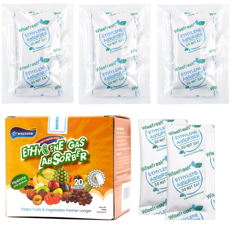 Wisesorb 20PCS 10 Gram Ethylene Gas Absorber Packet Vegetable Fruit Fresh Produce ProtectorFresh Fruit Preserver Vegetable SaverFood SaverEthylene Gas Absorber for The Fridge