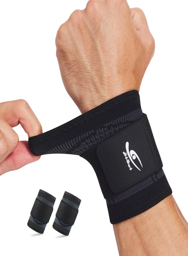 HiRui Wrist Brace Wrist Wraps Compression Wrist Strap, Wrist Support for Work Fitness Weightlifting Sprains Tendonitis, Carpal Tunnel Arthritis, Pain Relief, Adjustable Wristbands 2 PACK (Black, L) - Image 1