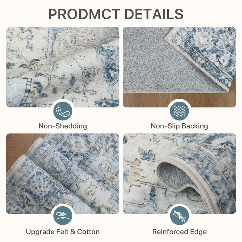 BESBLEE 8x10 Area Rugs for Living Room, Machine Washable Non Slip Vintage Rugs, Low Pile Lightweigt Chenille Print Indoor Rug for Bedroom, Dining Room, Home Office, Blue - Image 4