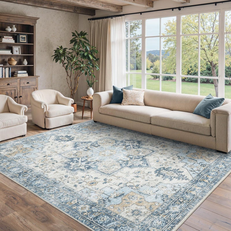 BESBLEE 8x10 Area Rugs for Living Room, Machine Washable Non Slip Vintage Rugs, Low Pile Lightweigt Chenille Print Indoor Rug for Bedroom, Dining Room, Home Office, Blue - Image 1