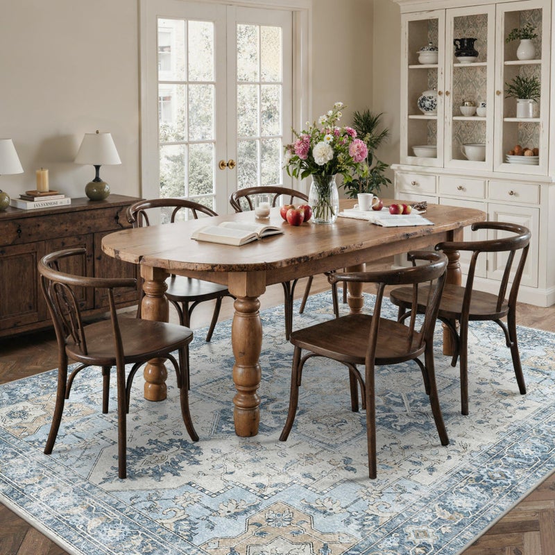 BESBLEE 8x10 Area Rugs for Living Room, Machine Washable Non Slip Vintage Rugs, Low Pile Lightweigt Chenille Print Indoor Rug for Bedroom, Dining Room, Home Office, Blue - Image 3