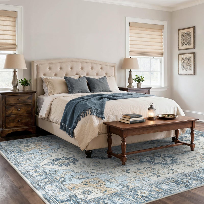 BESBLEE 8x10 Area Rugs for Living Room, Machine Washable Non Slip Vintage Rugs, Low Pile Lightweigt Chenille Print Indoor Rug for Bedroom, Dining Room, Home Office, Blue - Image 2