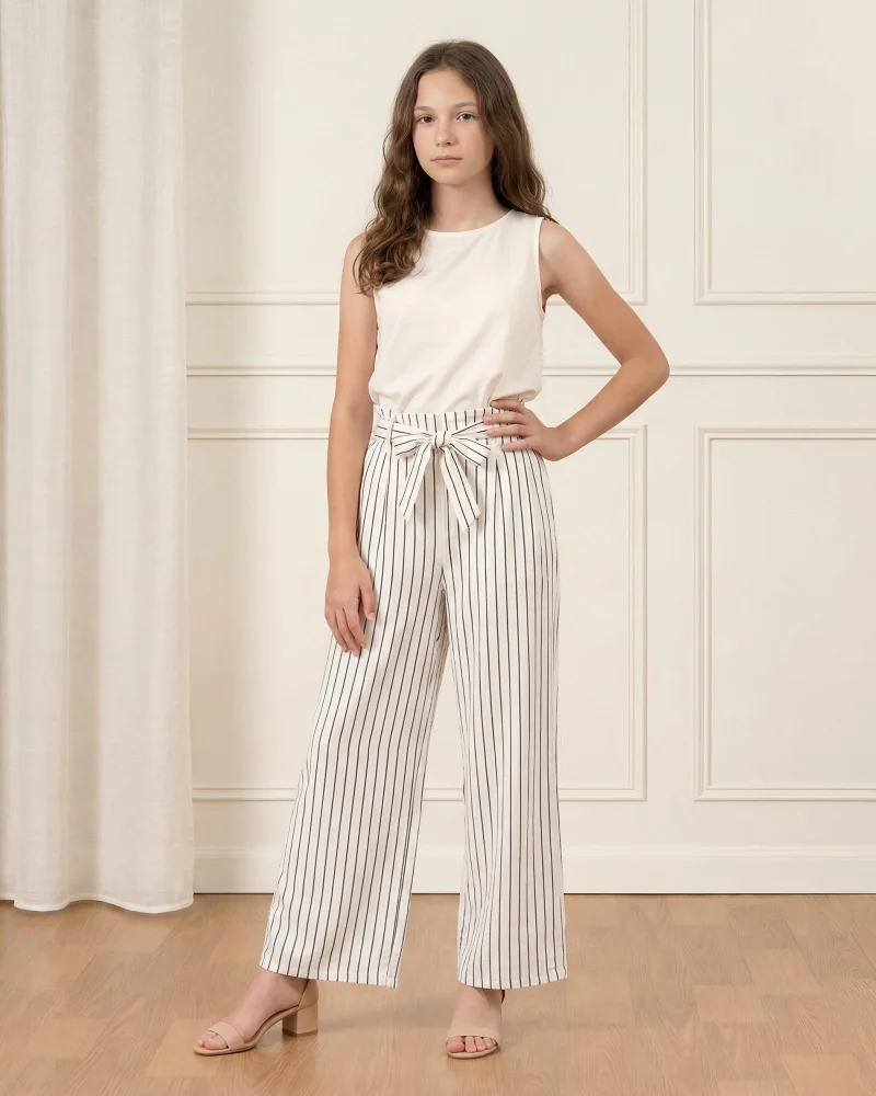 Redtag Senior Girls Cream And Black Striped Wideleg Pants