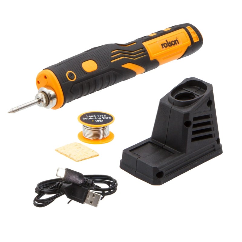 Rolson 60308 8W Cordless/Rechargeable Soldering Iron - Pen-Style 1800mAh Li-Ion, 470°C Max Temp, LED Light, Fine Tip, USB-C Charging, with Stand & Lead-Free Solder Wire