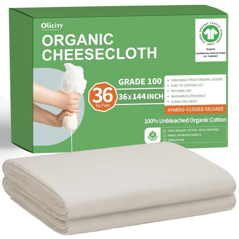 Olicity Organic Cheese Cloths, GOTS Certified, Grade 100, 36 Sq Feet, Reusable Cheese Cloth with Closed Edges Fabric Fine Mesh Cloth, Unbleached Cotton Muslin Cheesecloth for Straining,Bread,Crafts - 4 Yards - Image 1
