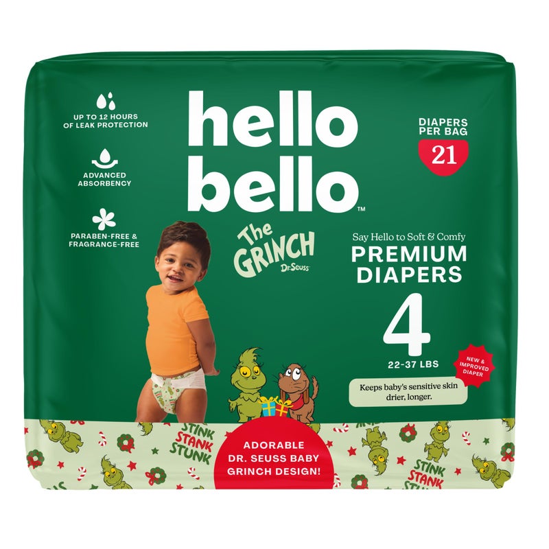 Hello Bello Diapers  Size 4 (22-37 Lbs) Dr. Seuss Baby Grinch - 21 Count Of Premium Disposable Baby Diapers  Hypoallergenic With Soft  Cloth-Like Feel - Image 1