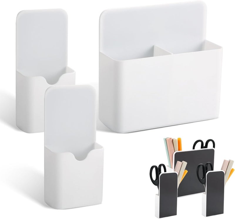 3pcs Magnetic Pen Holders, Including 1 Large Magnetic Dry Erase Marker Holder + 2 Small Magnetic Pencil Marker Holder Organizers with Magnet for Refrigerator Whiteboard Locker (White) - Image 1